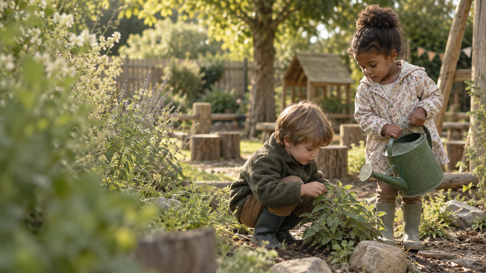 Illustrative scene of children looking closely at plants in a garden