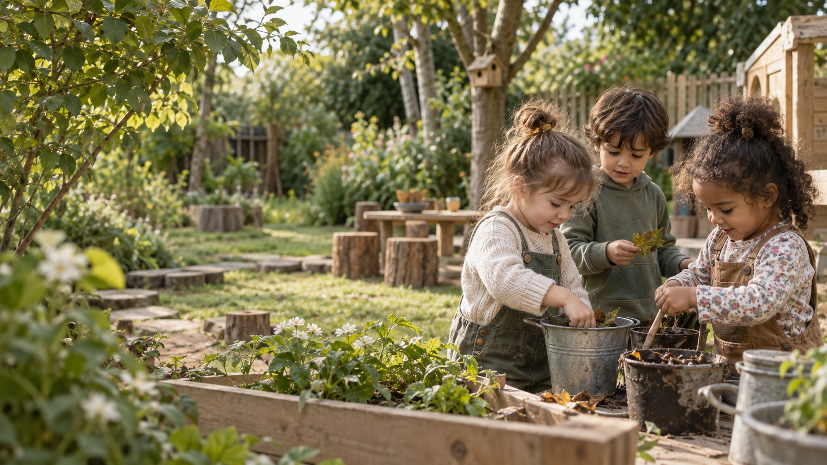 Illustrative scene of children collecting leaves and playing in a leafy garden