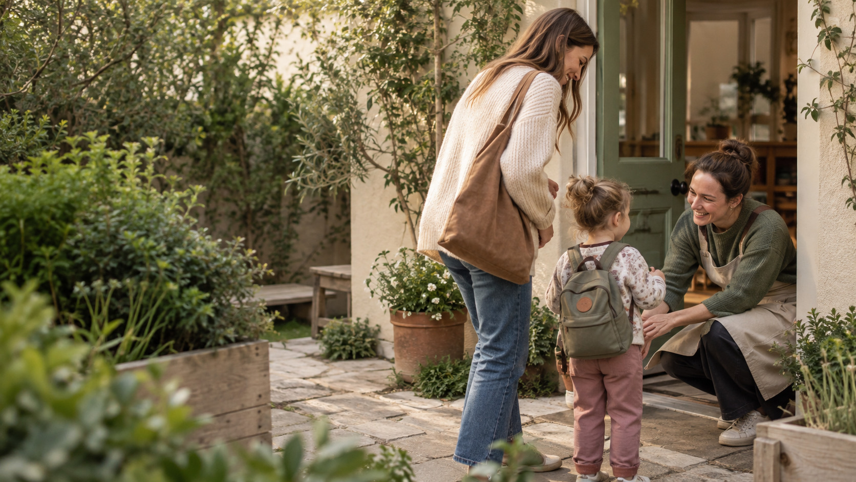Illustrative scene of a family arriving at a welcoming nursery