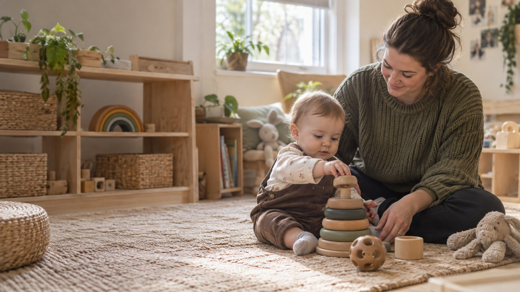 Illustrative scene of a baby exploring a stacking toy beside a caring adult