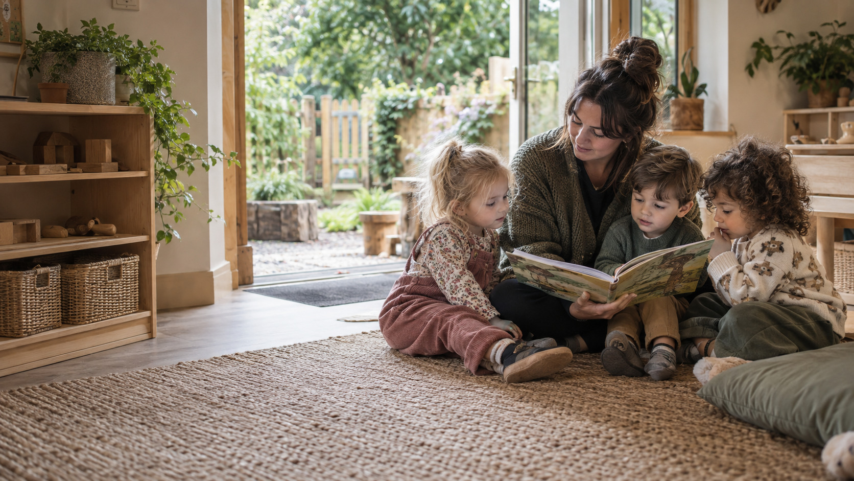 Illustrative scene of a practitioner and children sharing story time