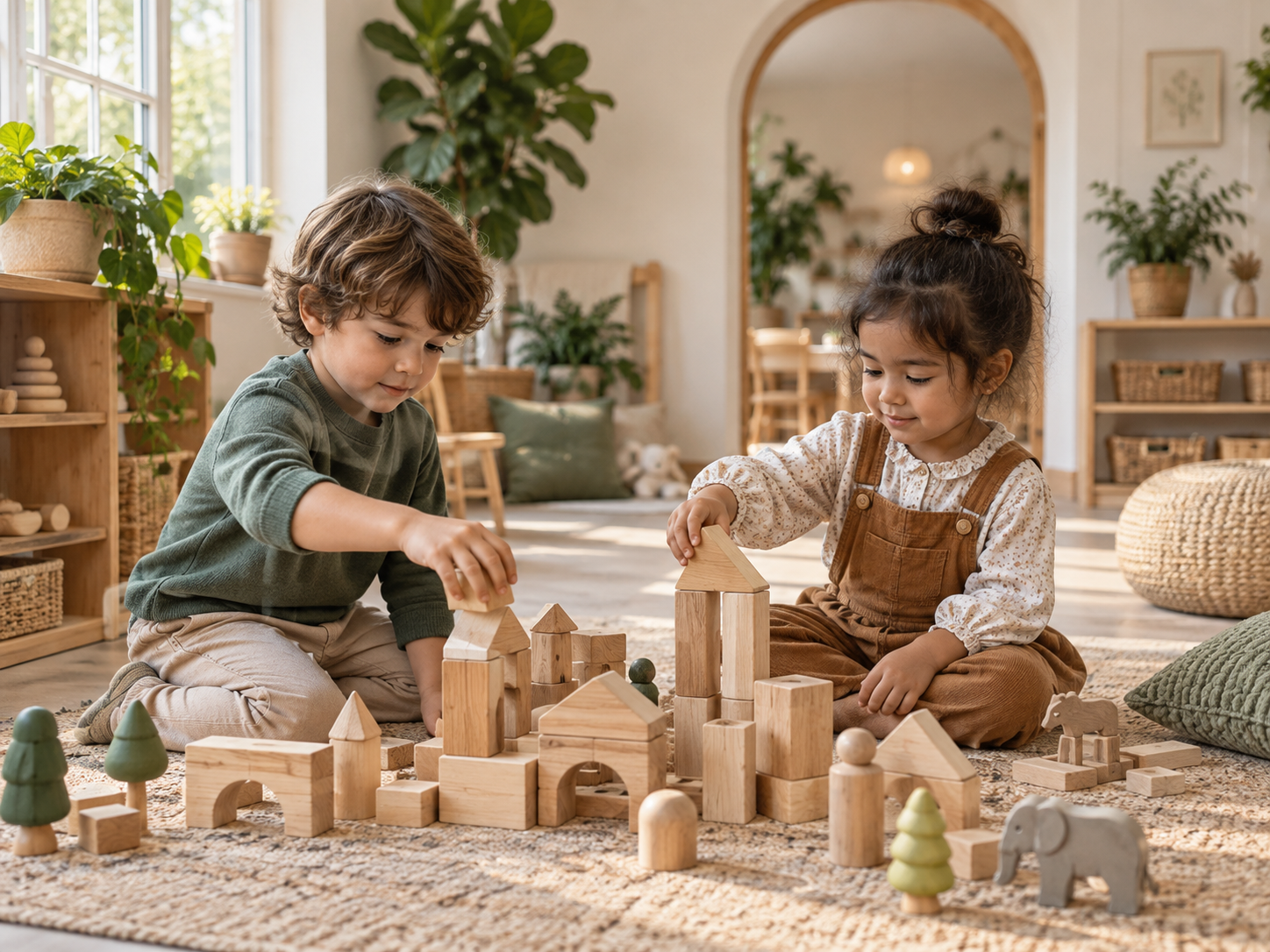 Illustrative scene of two children building with wooden blocks in a cosy playroom