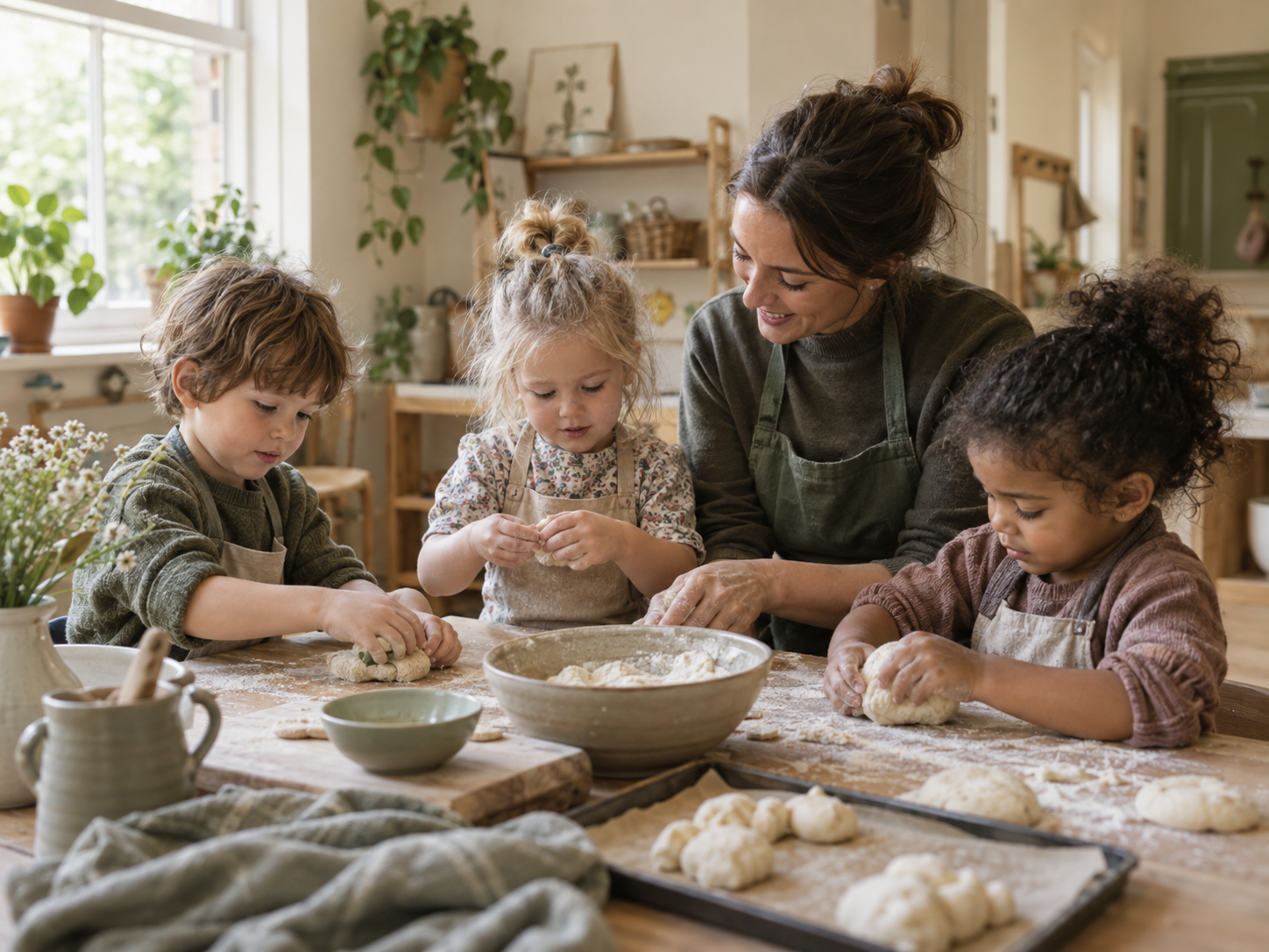 Illustrative scene of children and a practitioner preparing dough together